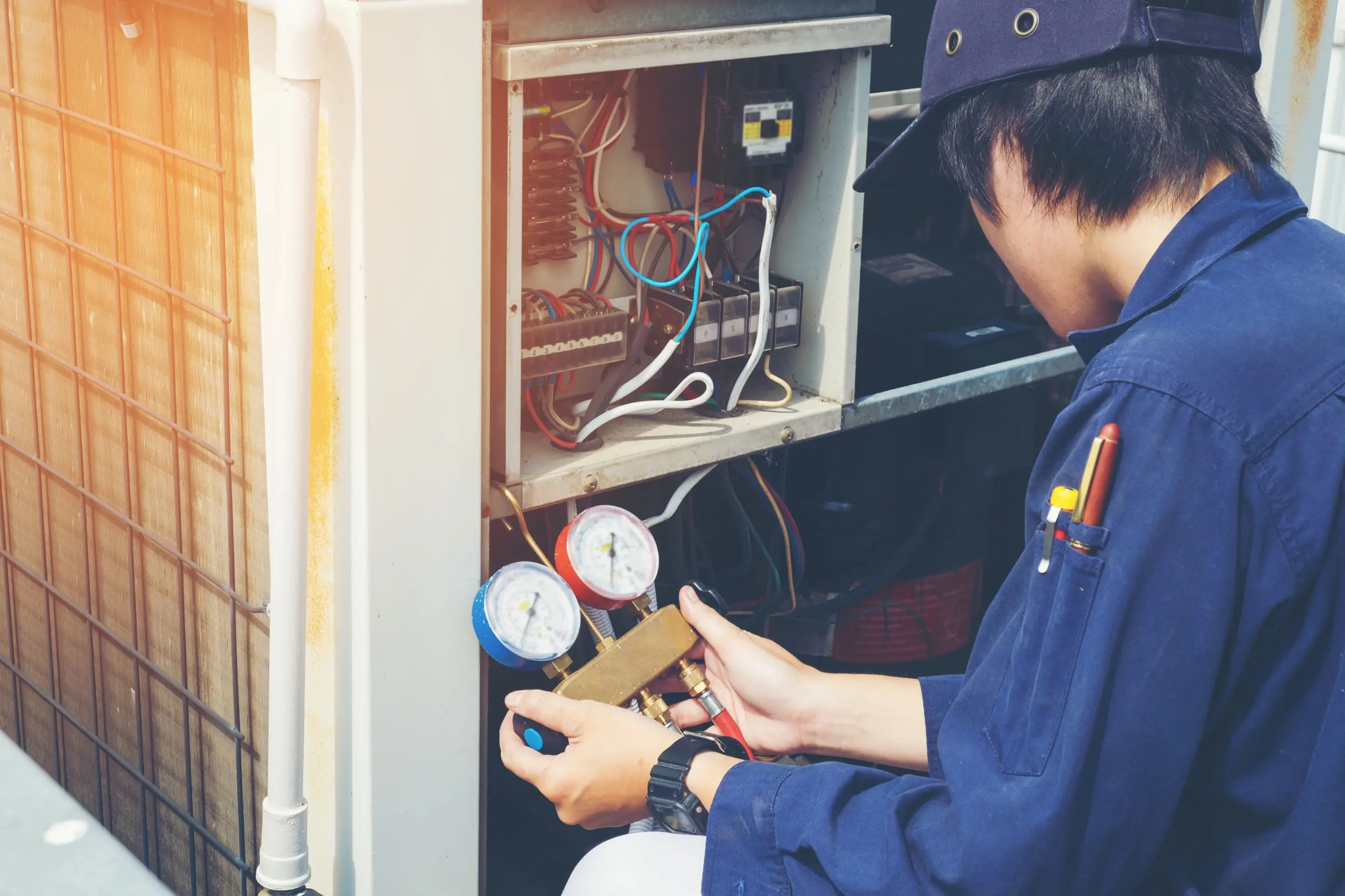 hvac worker inspecting energy efficient air conditioner